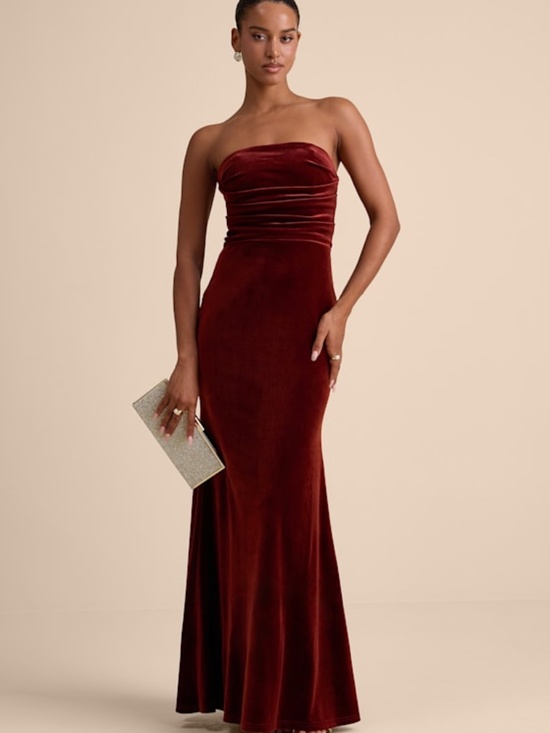 Lulus Dresses & Skirts - Lulus Maren Rust Velvet Strapless Mermaid Maxi Dress Red - Size S
